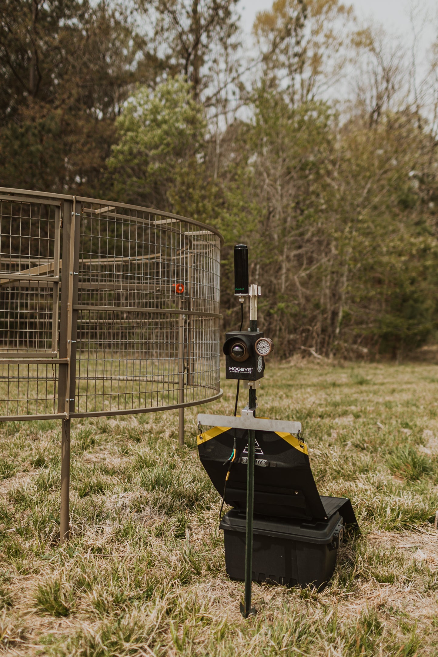 Big Pig Drop Trap is a fully suspended hog trap. 48"High-12'Diameter. Paired with the HogEye Camera System, you can monitor your trap and drop then suspended hog trap using the mobile app, giving you control of when you trap hogs.